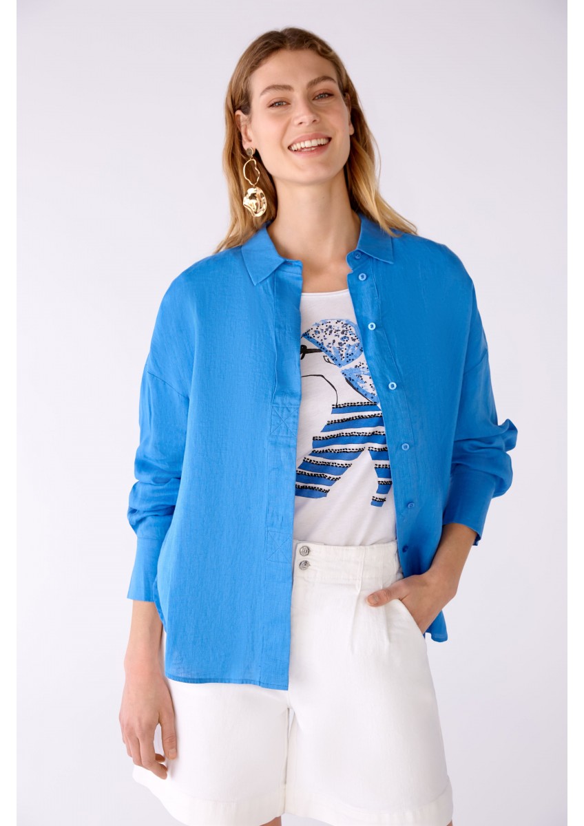 Женская синяя блуза-рубашка 100% лен