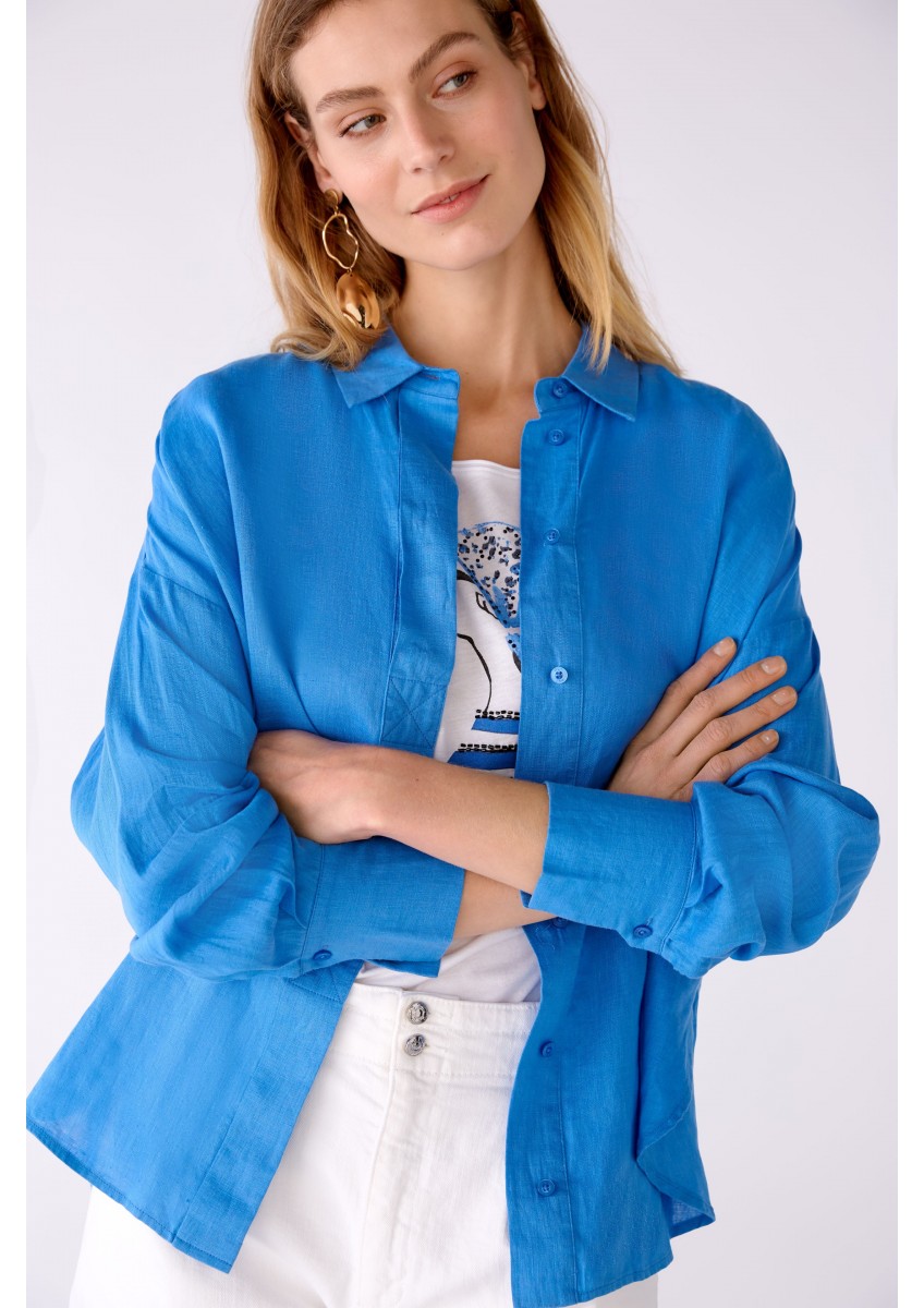 Женская синяя блуза-рубашка 100% лен